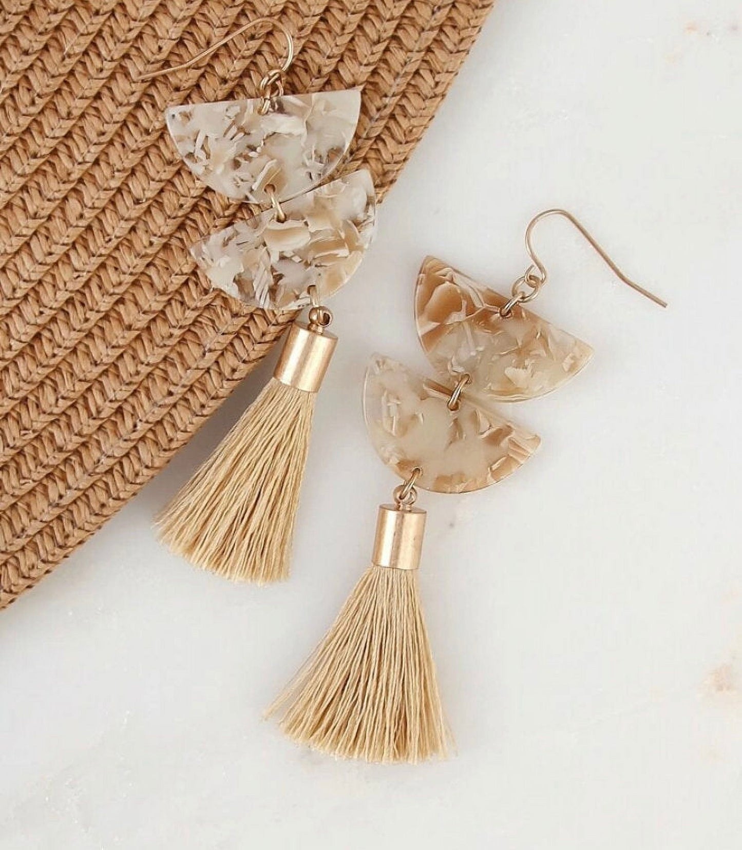Marble Detail Tassel Earrings, Resin Earrings, Gold Tassel Earring