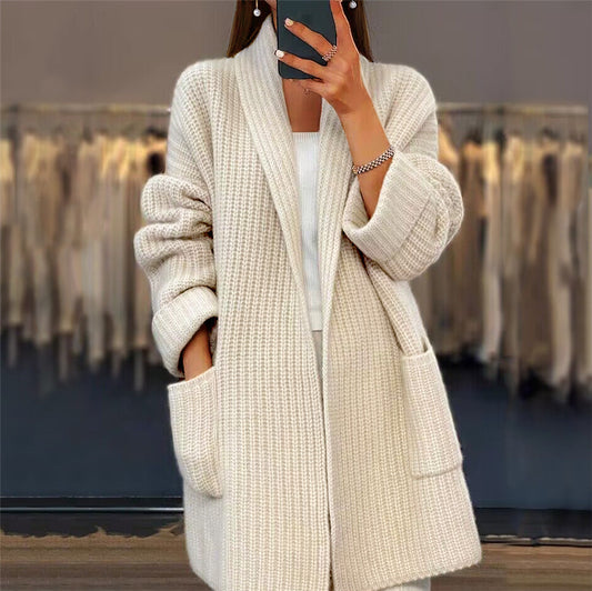 Lapel Knitted Cardigan with Pockets Fashion Casual Loose Sweater Jacket Fall Spring Women'S Clothing