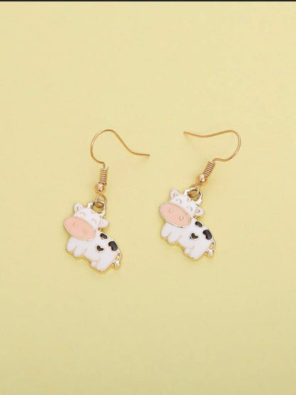 Cartoon Cow Drop Earrings, white and Pink Cow Earring, Cow Earring, Dangle Earring