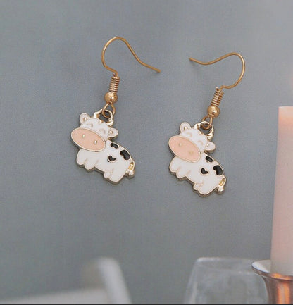 Cartoon Cow Drop Earrings, white and Pink Cow Earring, Cow Earring, Dangle Earring