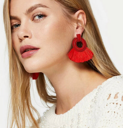 Women Tassel Decorated Hoop Drops Earring. Red Tassel Earrings,