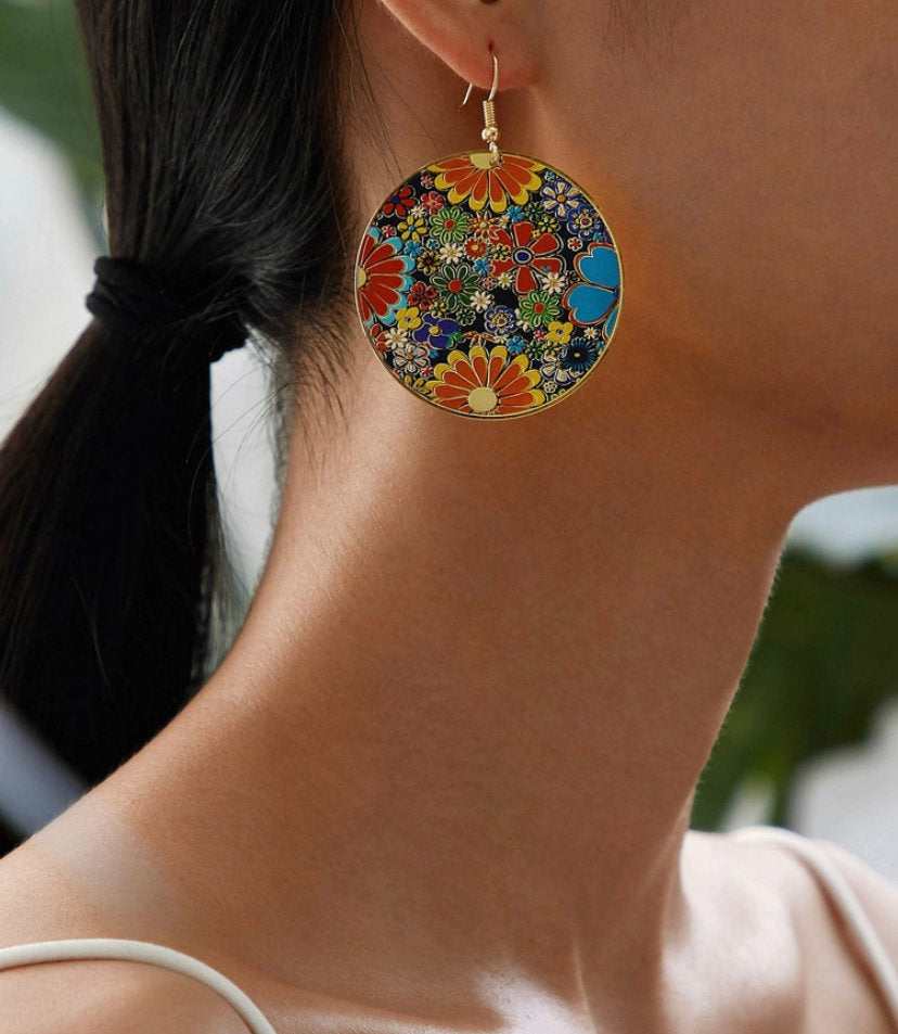 Flower drop earrings, Multicolor Earrings, Boho Dangle Earrings, Gold Color Earrings