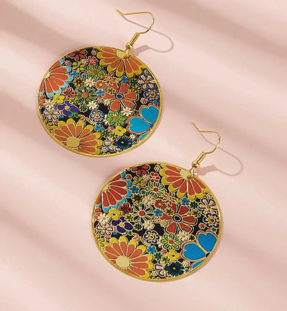 Flower drop earrings, Multicolor Earrings, Boho Dangle Earrings, Gold Color Earrings