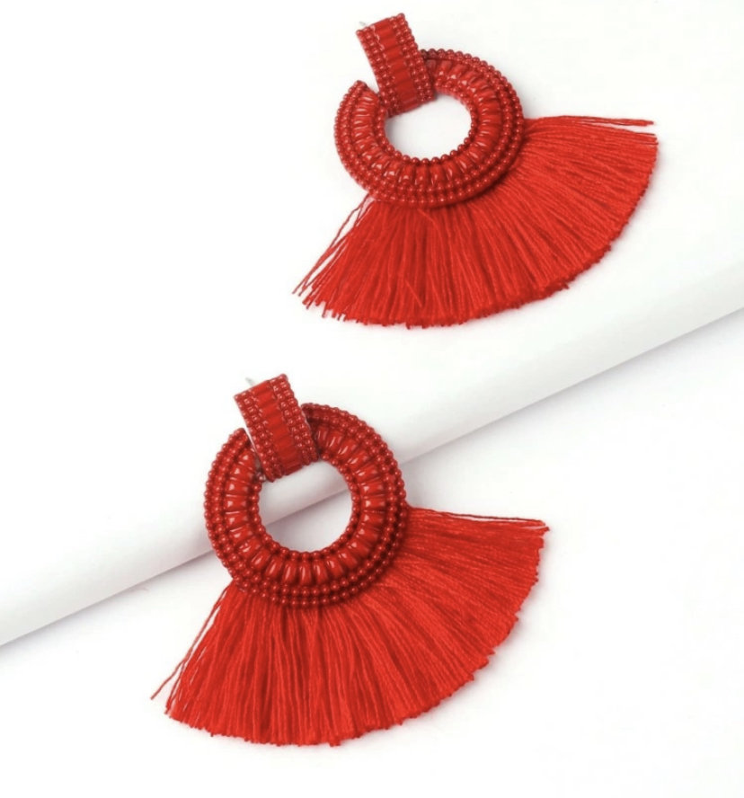 Women Tassel Decorated Hoop Drops Earring. Red Tassel Earrings,