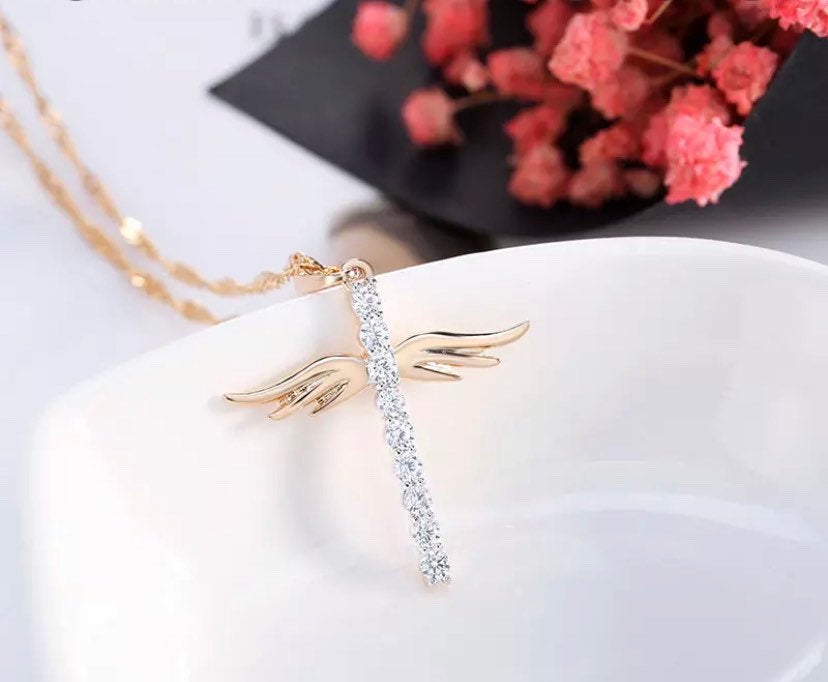 Angel Wings Cross Pendant for Girls, Crystal Jewelry